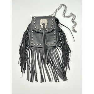 Faux Black Leather Crossbody Bag Chain Strap Studded Skull Fringe Goth Punk